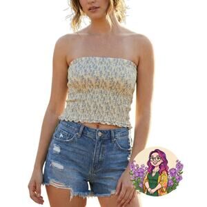 Forever 21 Yellow Purple Floral Smocked Tube Top Medium Ruffle Hem Boho Festival